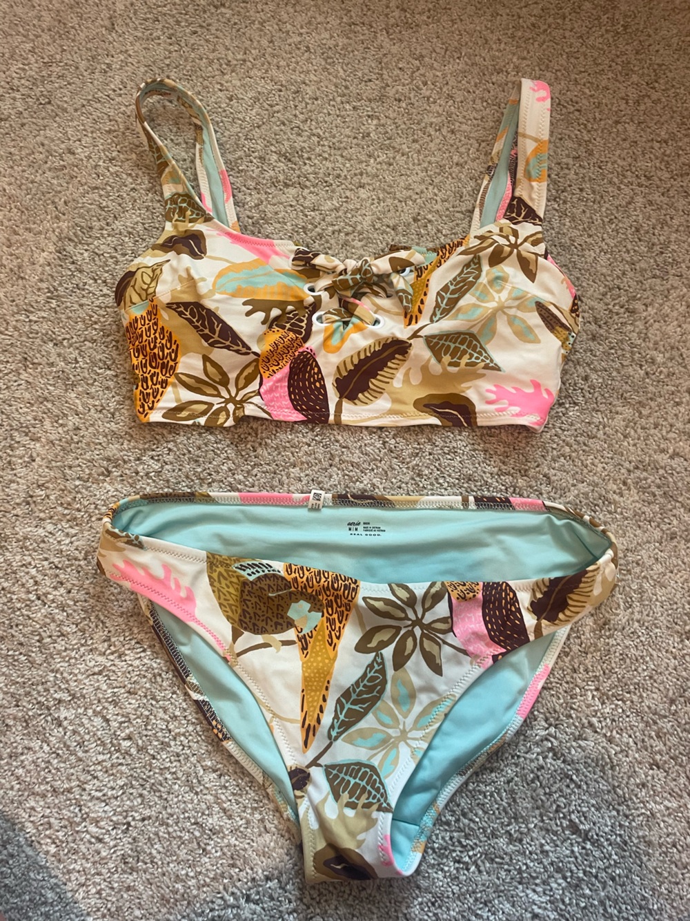aerie Floral Leaf Print Bikini Top & Bottom in Cream, Brown, Aqua, Pink